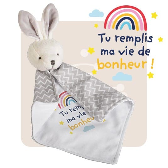 Doudou lapin "Tu remplis ma vie de bonheur"